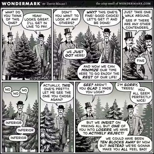 Two gentleman arriving on a christmas market. First one finds a good tree, wants to pay and leave. The other man suggests he look around for other options, which the first one reluctantly does. Trees one, two and tree are shit, four would be good too. Second man says "See? Aren't you glad i made you look? First one laments the need to reject other trees and that they could have been ten blocks away already.