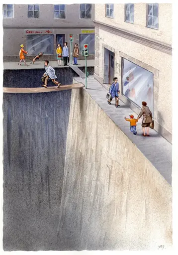 A watercolor depicts a city street split by a massive, sheer concrete chasm. A man in a coat carefully walks a narrow plank bridge across it. On one side, a woman and child point towards the abyss, while on the other, people walk by, seemingly oblivious or accustomed to the dramatic urban rupture. Traffic lights stand on the side of the chasms.
