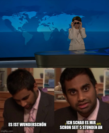 Oben sieht man einen screnshot von der Tagesschau mit Susanne Daubner, die sich gerade eine Sonnenbrille augesetzt hat. Unten zu sehen ist das meme "I've looked at this for 5 hours", mit dem Text "Es ist wunderschön. Ich schau es mir schon seit 5 Stunden an"